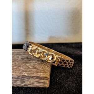 Brown Leather Gold Tone Chain Bangle Bracelet
